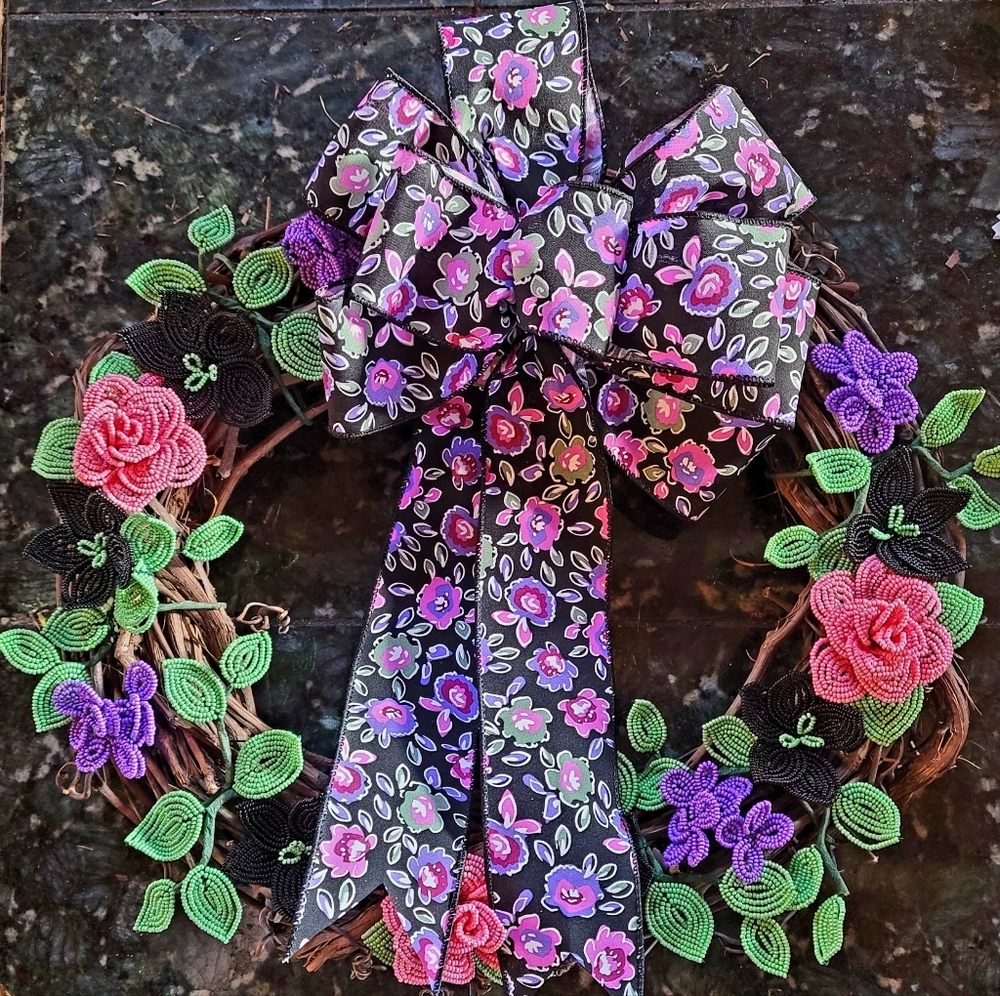 Cottagecore Watercolor Wreath with French Beaded Flowers